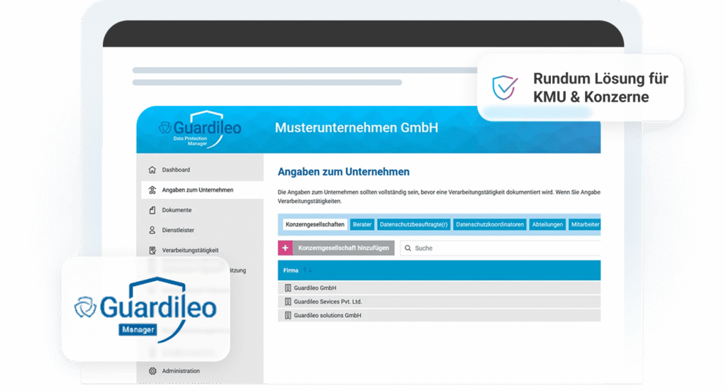 Dashboard der Guardileo Manager Software f&uuml;r Unternehmen, mit diversen Men&uuml;optionen und Unternehmensinformationen.