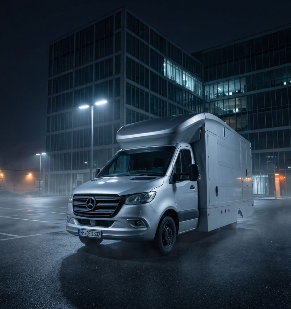 Ein silberner Mercedes-Benz Sprinter steht nachts in einem beleuchteten, nebligen Parkplatz vor einem modernen Geb&auml;ude.