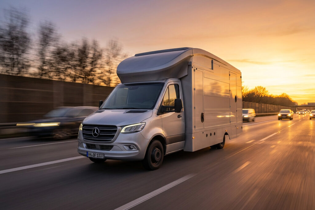 Das mobile IT-Forensik-Labor von intersoft consulting f&auml;hrt bei Sonnenuntergang &uuml;ber eine Autobahn in Deutschland.
