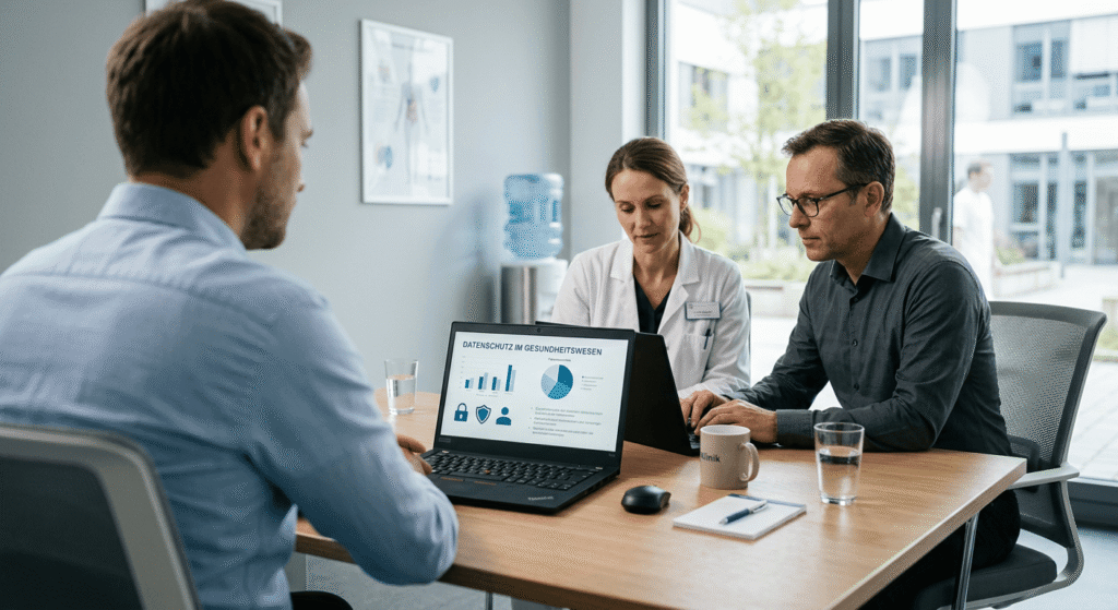 Ein Arzt und ein Patient besprechen Gesundheitsdaten an einem Tisch, w&auml;hrend ein Laptop mit Diagrammen sichtbar ist.