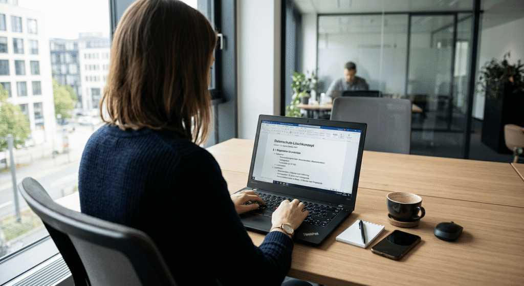 Eine Person arbeitet an einem Laptop in einem modernen B&uuml;ro, Notizen und eine Tasse Kaffee auf dem Tisch.