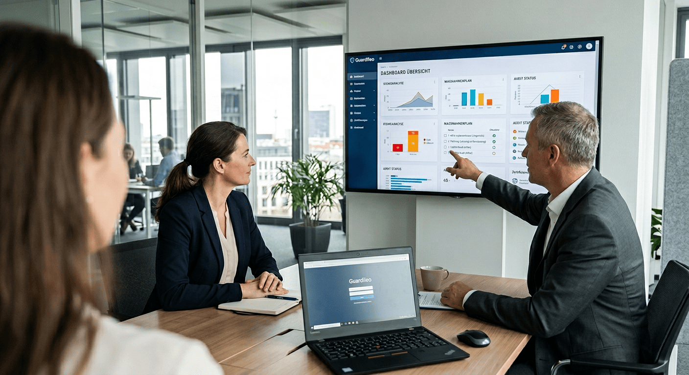Ein Gesch&auml;ftstreffen mit drei Personen, die eine Pr&auml;sentation auf einem Bildschirm mit Diagrammen und Statistiken besprechen.