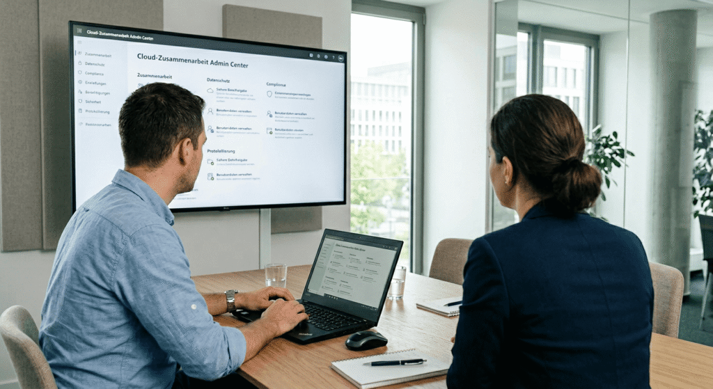 Ein Mann sitzt an einem Tisch mit Laptop, w&auml;hrend er eine Pr&auml;sentation im Cloud-Zusammenarbeits-Admin-Center betrachtet.