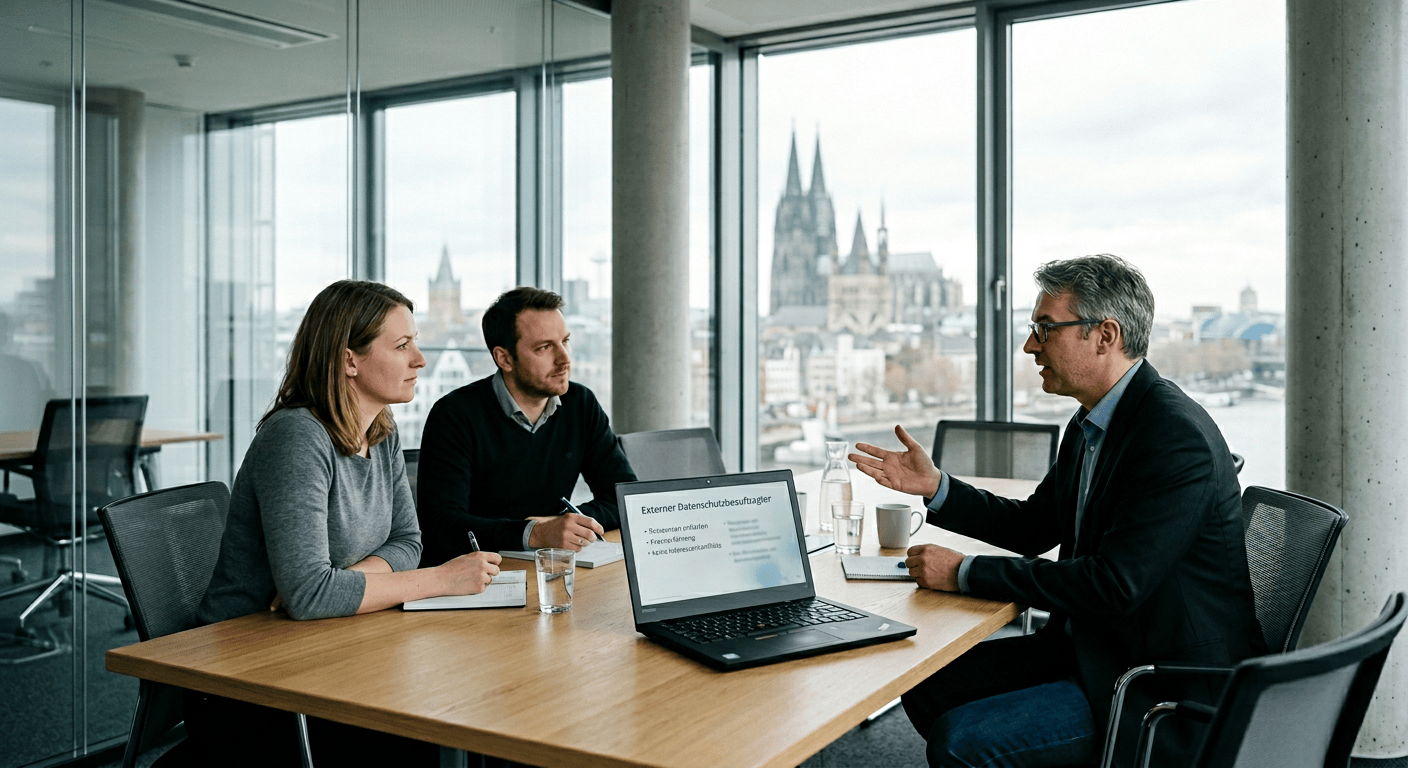 Drei Personen in einem Meetingraum mit Blick auf den K&ouml;lner Dom, diskutieren &uuml;ber Pr&auml;sentationsinhalte.