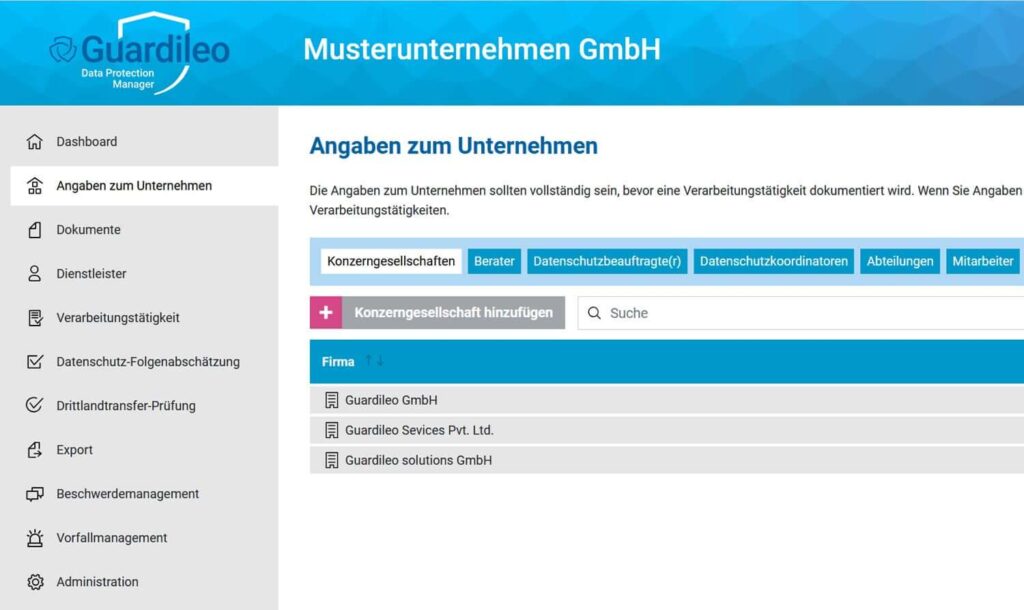 Screenshot der Benutzeroberfl&auml;che von Guardileo, zeigt Unternehmensinformationen und eine Liste von Firmen.