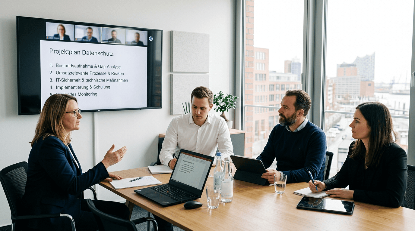 Besprechung zu Datenschutz mit vier Personen, Projektplan auf einem Bildschirm, moderne B&uuml;roatmosph&auml;re.