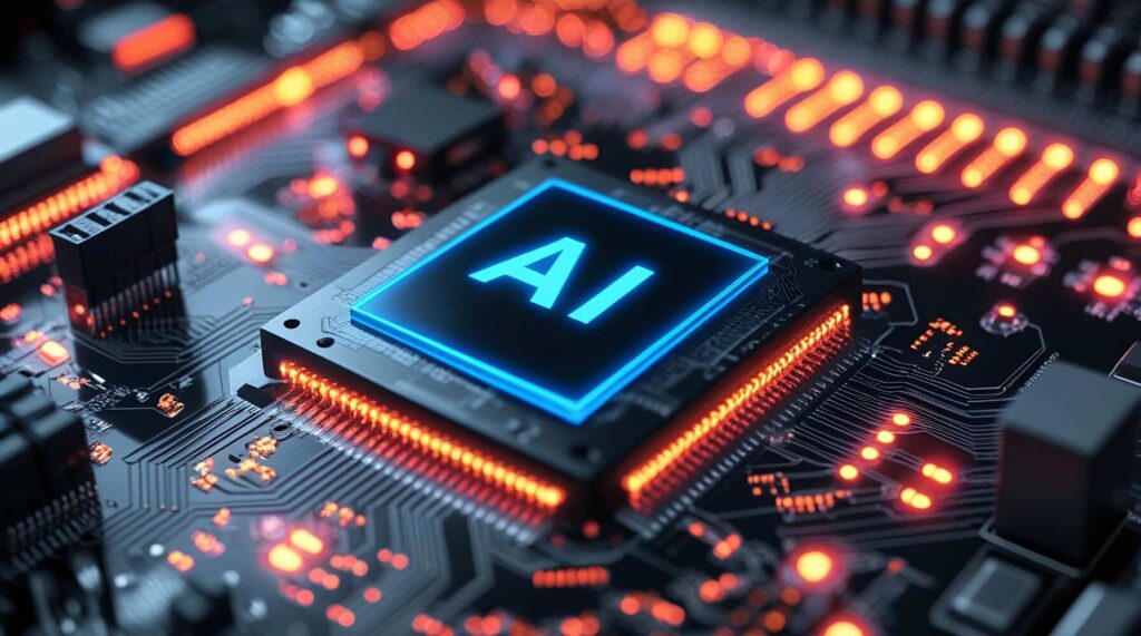 Mikrochip mit leuchtendem "AI"-Logo auf einem schaltkreisartigen Hintergrund mit orangefarbenen Lichtern.