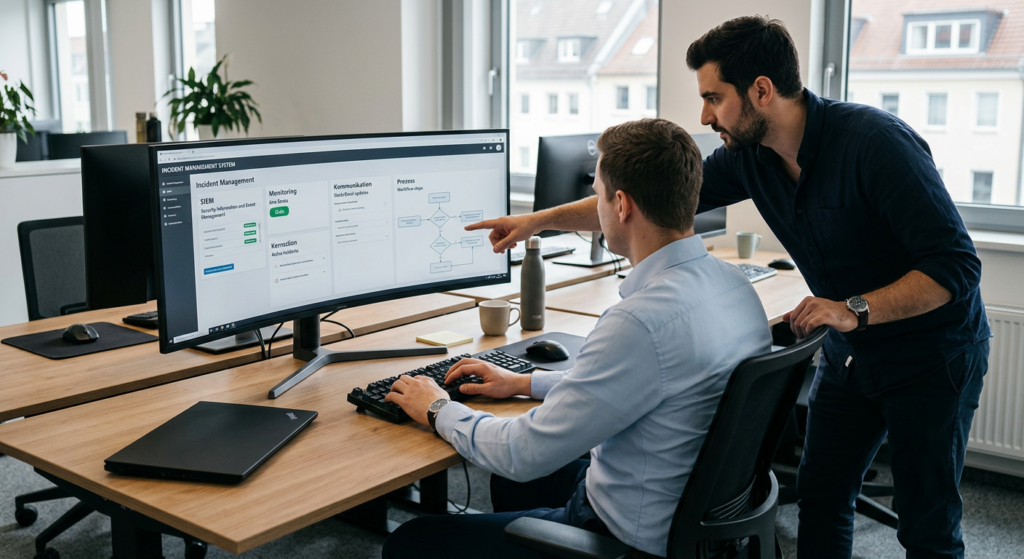 Zwei M&auml;nner im B&uuml;ro arbeiten an einem Computer, einer zeigt auf einen Bildschirm mit Diagrammen und Management-Tools.