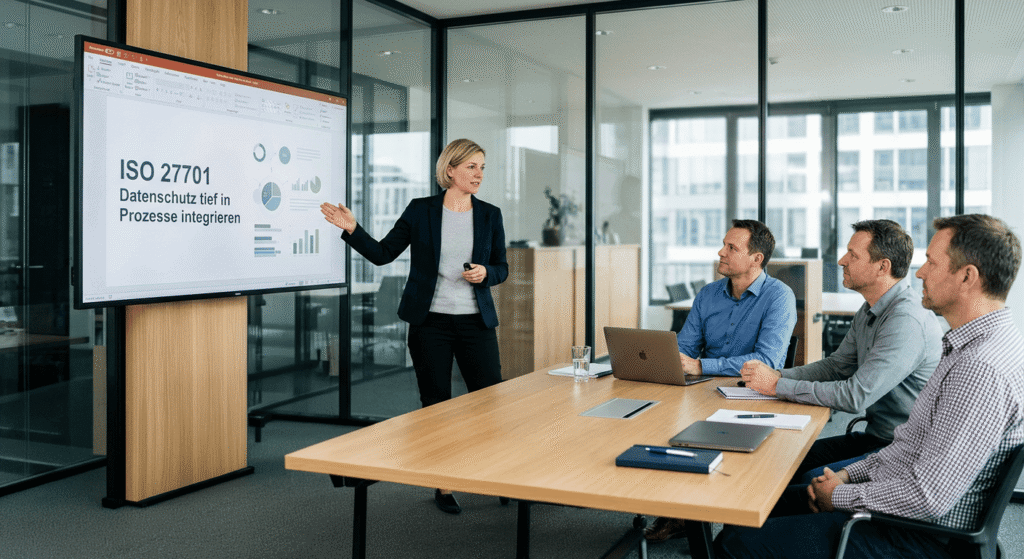 Eine Frau pr&auml;sentiert in einem modernen Meetingraum zu ISO 27701, w&auml;hrend drei M&auml;nner aufmerksam zuh&ouml;ren.