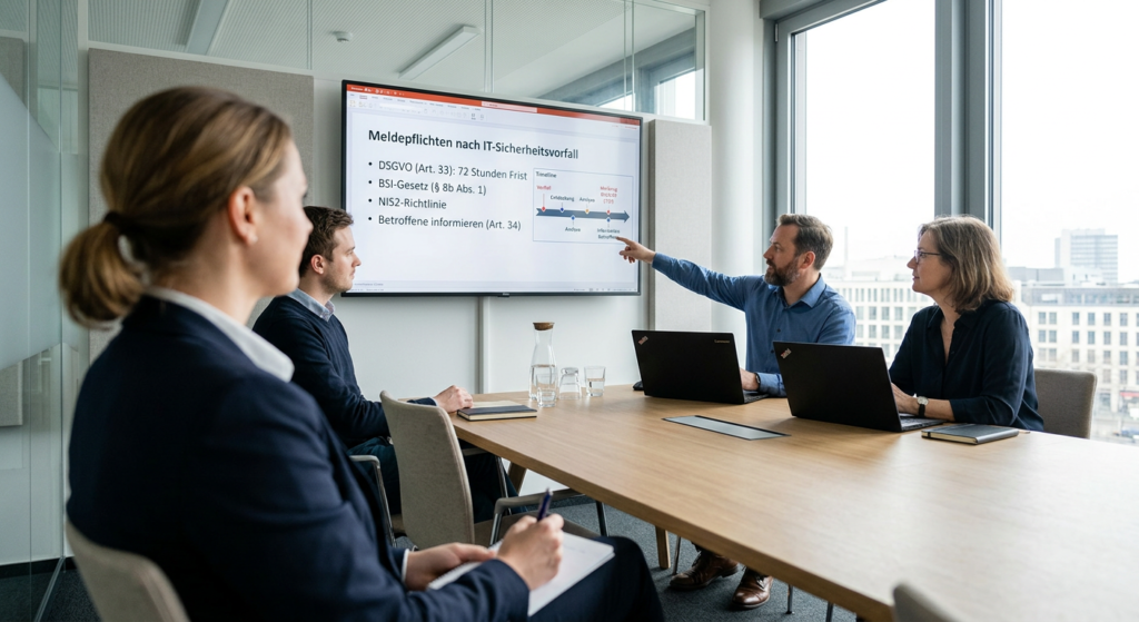 Ein Team in einem Besprechungsraum diskutiert gesetzliche Meldepflichten, w&auml;hrend eine Pr&auml;sentation im Hintergrund angezeigt wird.
