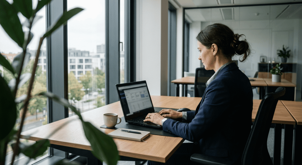 Frau in Anzug arbeitet am Laptop in modernem B&uuml;ro mit gro&szlig;en Fenstern und Pflanzen im Hintergrund.