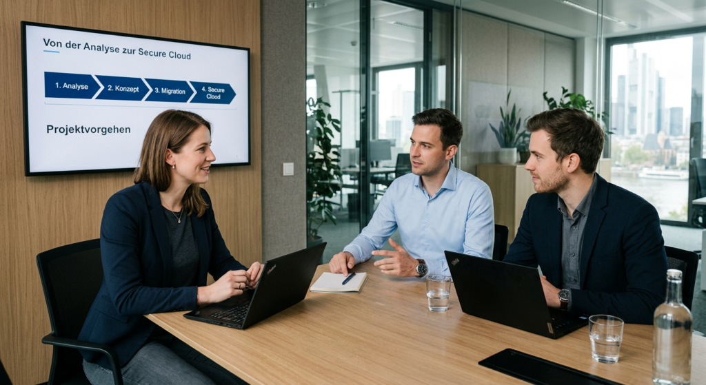Drei Personen in einem modernen Konferenzraum diskutieren &uuml;ber ein Projekt zur Cloud-Sicherheit. Pr&auml;sentation im Hintergrund.