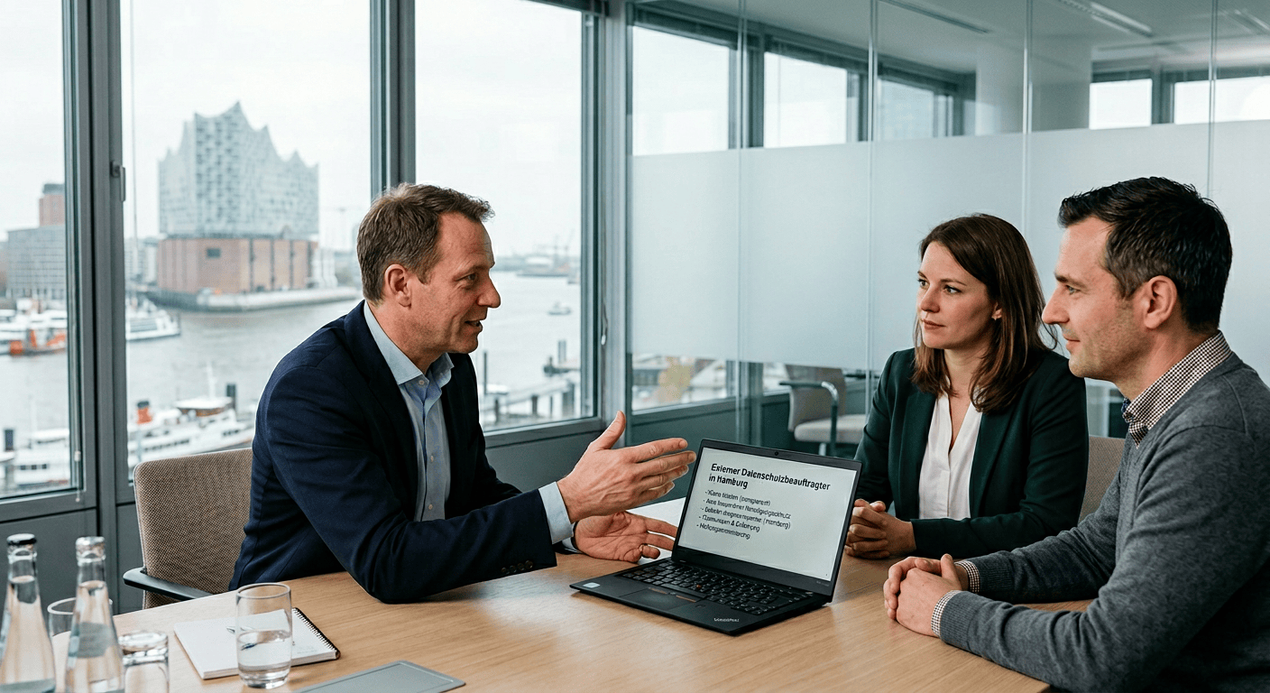 Drei Personen in einem Besprechungsraum diskutieren vor einem Laptop mit Blick auf den Hafen.