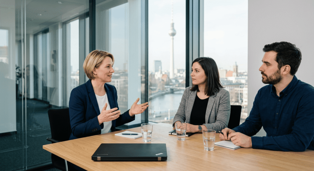 Drei Personen in einem modernen B&uuml;ro diskutieren an einem Tisch mit Blick auf die Berliner Skyline.