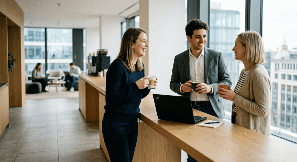Drei junge Berufst&auml;tige unterhalten sich in einem modernen B&uuml;ro, w&auml;hrend sie Kaffee trinken und an einem Tisch stehen.