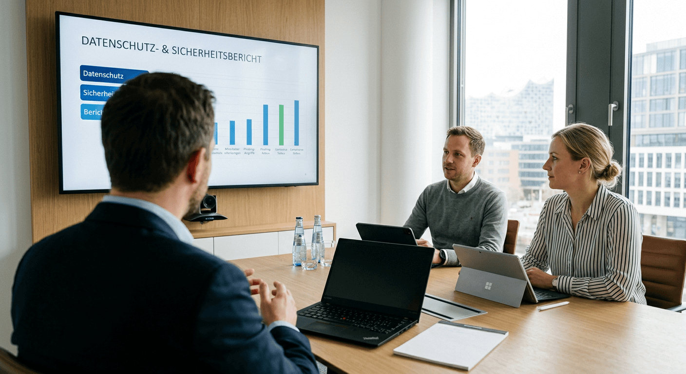 Besprechung zu Datenschutz- und Sicherheitsberichten mit Diagramm, drei Personen an einem Tisch mit Laptops.