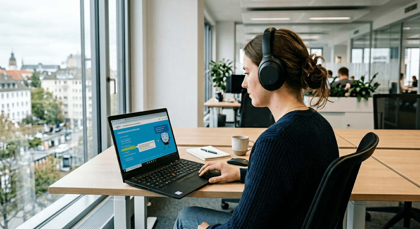 Eine Frau mit Kopfh&ouml;rern arbeitet an einem Laptop in einem modernen B&uuml;ro mit Blick auf die Stadt.