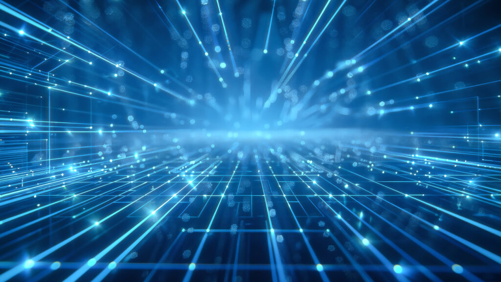 Ein futuristisches, digitales Netzwerk mit leuchtenden Linien und Punkten auf einem blauen Hintergrund.