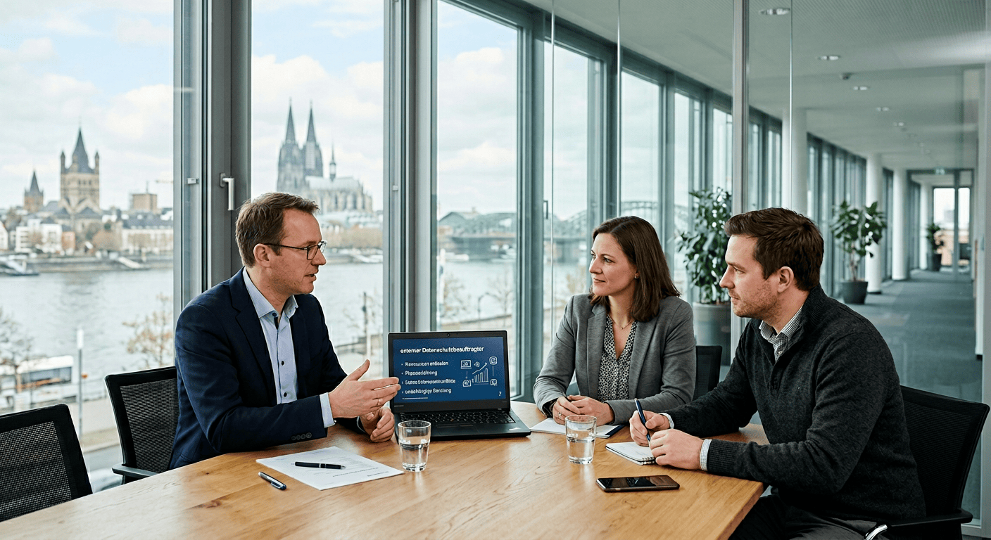 Ein Gesch&auml;ftstreffen mit drei Personen am Tisch, Laptop mit Pr&auml;sentation und Blick auf die Stadt K&ouml;ln im Hintergrund.