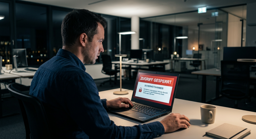 Mann am Laptop in einem B&uuml;ro mit gesperrtem Zugriff, Hintergrund mit schummrigem Licht und leeren Arbeitspl&auml;tzen.