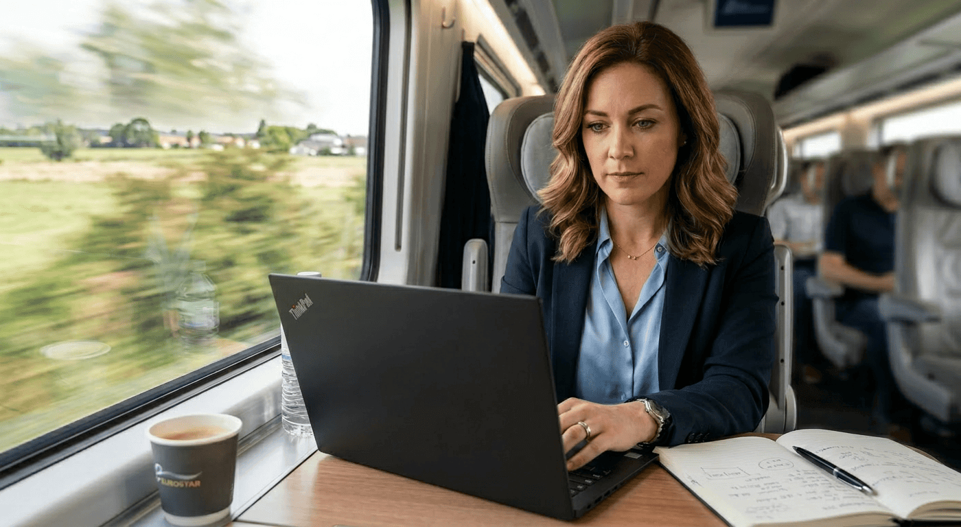 Frau mit Laptop in einem Zug, arbeitet konzentriert, w&auml;hrend die Landschaft vorbeizieht. Kaffeetasse und Notizen auf dem Tisch.