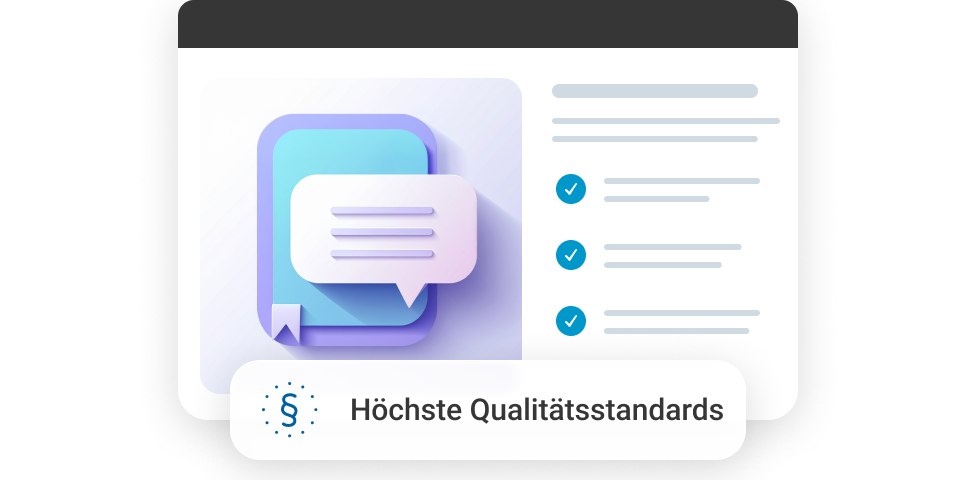 Ein Kommunikationssymbol mit Textblase und einem Hinweis auf h&ouml;chste Qualit&auml;tsstandards.