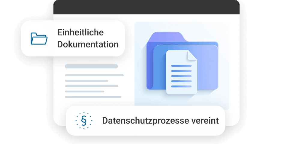 Grafik mit Ordnern und Dokumenten, beschriftet mit "Einheitliche Dokumentation" und "Datenschutzprozesse vereint".