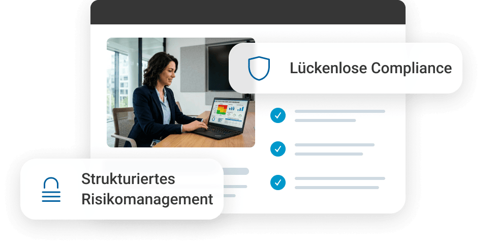 Frau am Laptop mit Diagrammen, umgeben von Texten zu Compliance und Risikomanagement.