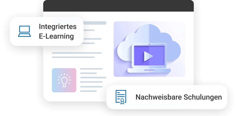 Grafik mit Laptop, Cloud-Symbol und Video, betont integriertes E-Learning und nachweisbare Schulungen.