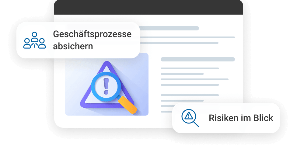 Grafik mit einem Dokument, einem Warnsymbol und Texten zu Gesch&auml;ftsprozessen und Risikomanagement.