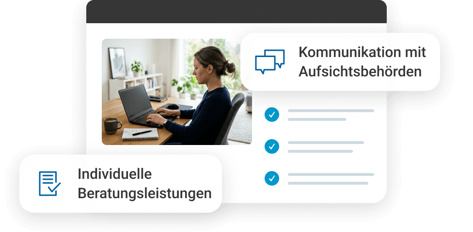 Frau am Laptop, arbeitet an individueller Beratung und Kommunikation mit Aufsichtsbeh&ouml;rden.