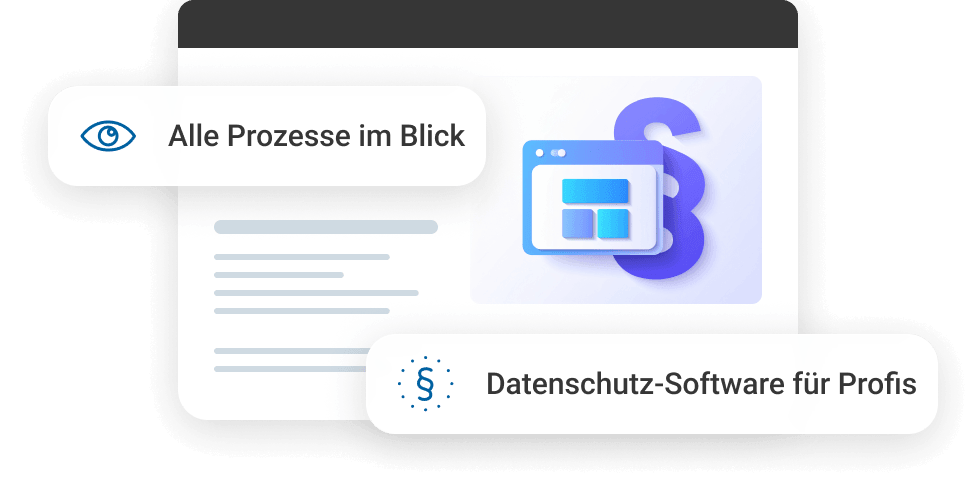 Grafik mit Texten zu Datenschutz-Software und Prozess&uuml;bersicht auf einem Computerbildschirm.