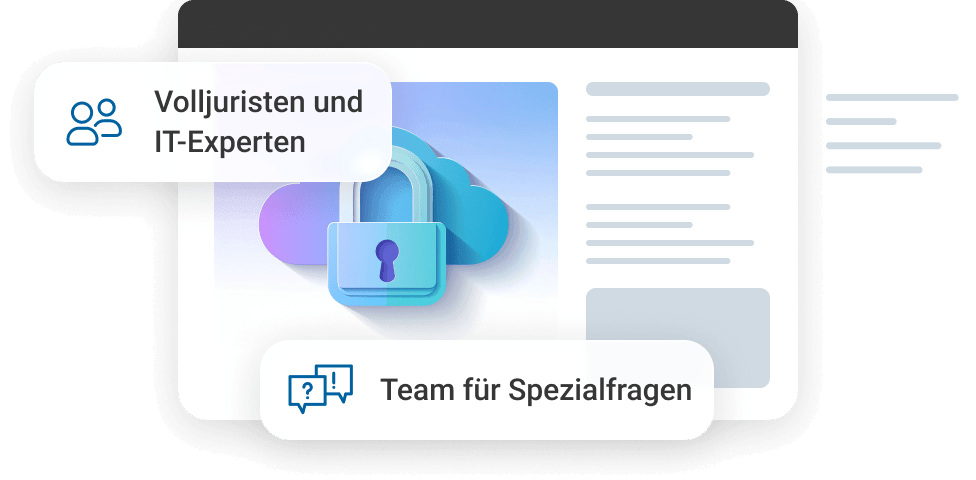 Volljuristen und IT-Experten bieten Unterst&uuml;tzung bei Spezialfragen, dargestellt mit einem Schloss und Wolken.
