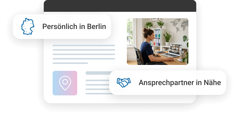 Eine Person arbeitet an einem Schreibtisch mit Laptop und Dokumenten in einem modernen B&uuml;ro.