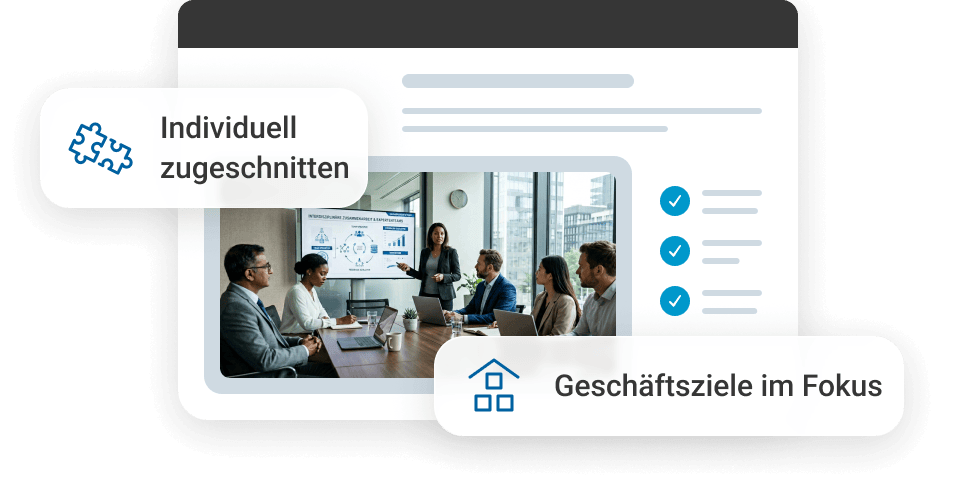 Besprechung in modernem B&uuml;ro mit Pr&auml;sentation zu Gesch&auml;ftsstrategien und Zielen.