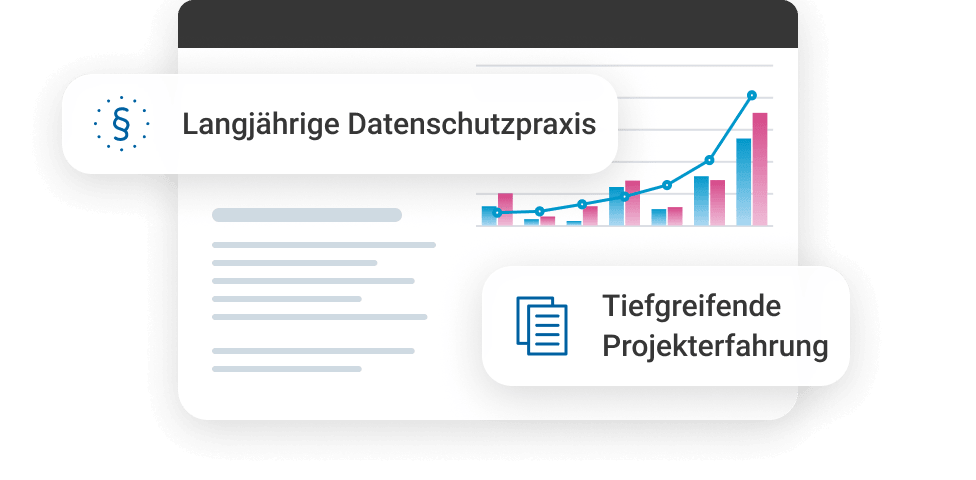 Grafik mit Diagramm und Text, die langj&auml;hrige Datenschutzpraxis und tiefgreifende Projekterfahrung hervorheben.