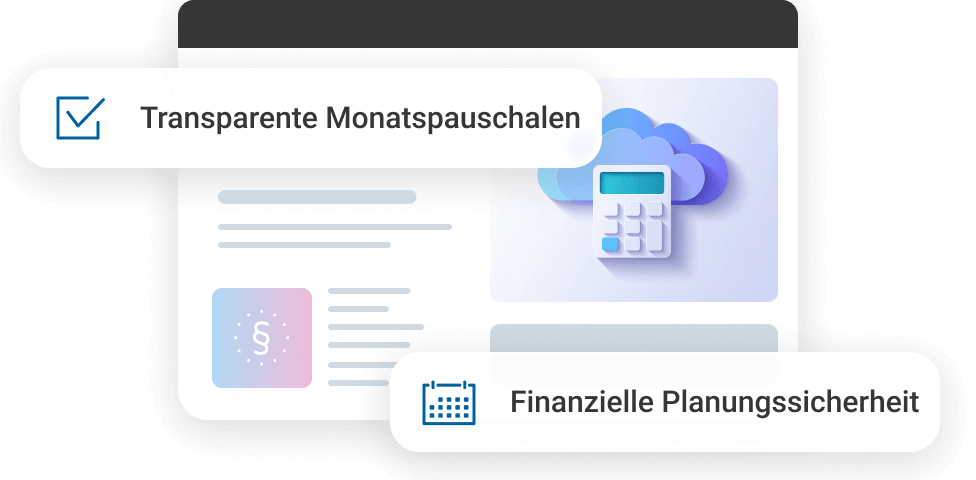 Grafik mit Symbolen f&uuml;r transparente Monatspauschalen und finanzielle Planungssicherheit neben einem Rechner und Cloud-Symbol.