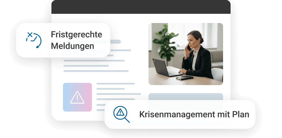 Frau am Telefon sitzt an einem Schreibtisch, umgeben von Informationsgrafiken &uuml;ber Krisenmanagement.