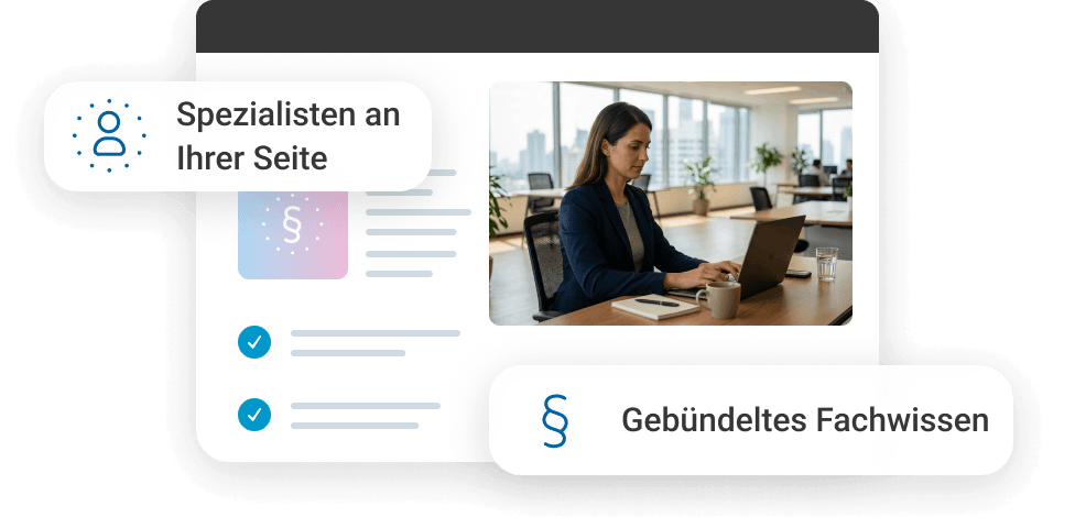 Eine Frau arbeitet am Tisch in einem modernen B&uuml;ro, umgeben von Fachinformationen und Symbolen f&uuml;r Expertise.