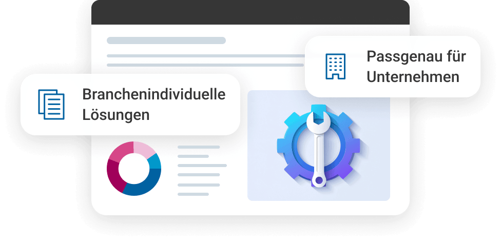 Grafik mit einem Diagramm, einem Zahnrad und Werkzeugsymbol, betont branchenindividuelle Unternehmensl&ouml;sungen.