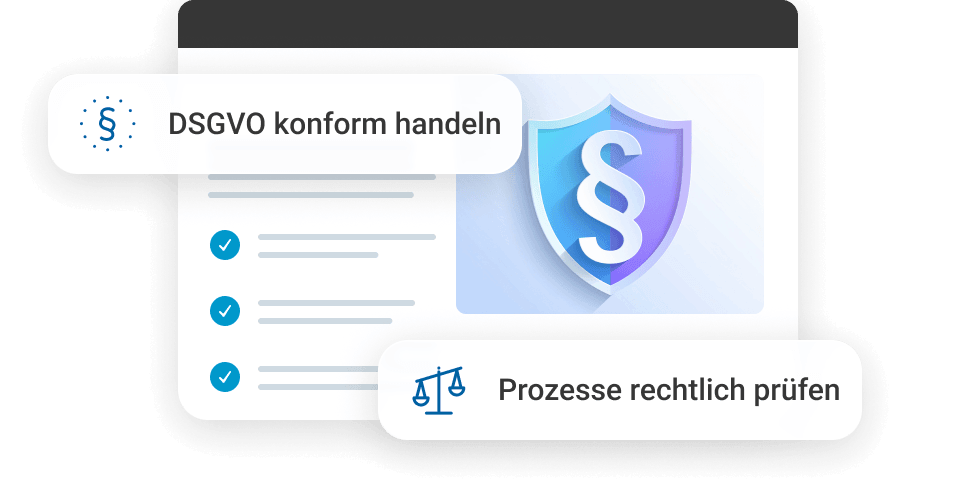 Grafik mit einem Schutzschild und Paragraphenzeichen, betont DSGVO-Konformit&auml;t und rechtliche Pr&uuml;fprozesse.