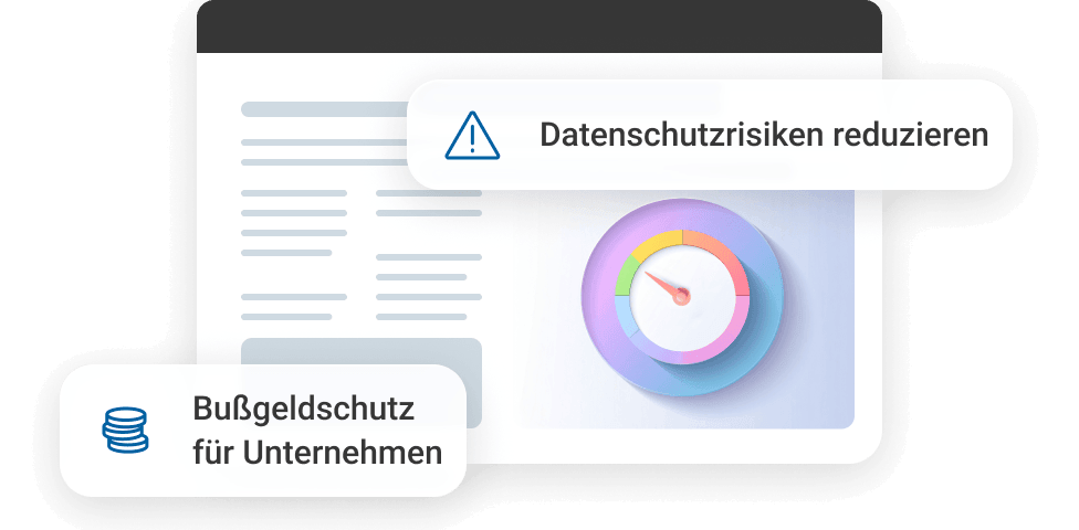 Dokument mit Hinweisen zu Datenschutzrisiken und Bu&szlig;geldschutz f&uuml;r Unternehmen, grafische Darstellung eines Messger&auml;ts.