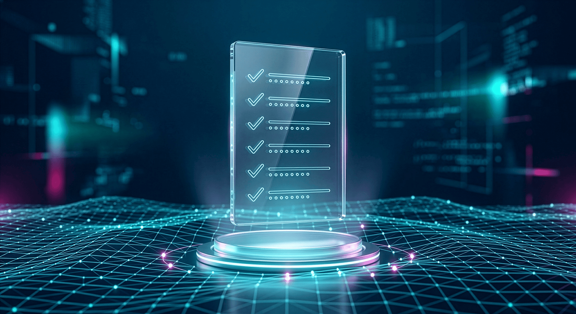 Ein holografisches Checklisten-Dokument schwebt &uuml;ber einem digitalen Gitterhintergrund mit leuchtenden Linien.