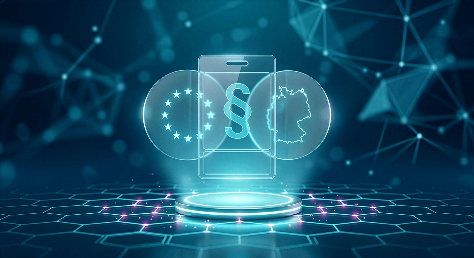 Symbolische Darstellung eines Smartphones mit einem Paragraphensymbol, umgeben von europ&auml;ischen und deutschen Symbolen.