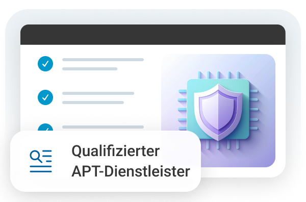Grafische Darstellung eines qualifizierten APT-Dienstleisters mit Schutzschild und technischen Elementen im Hintergrund.