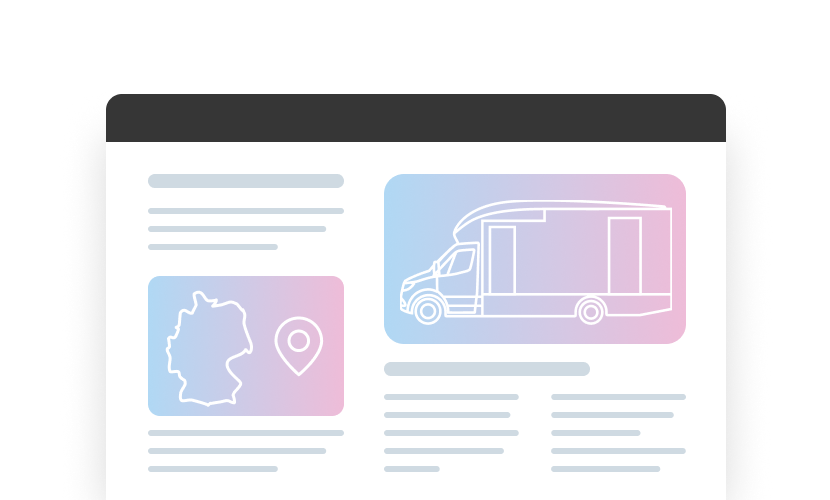 Grafik mit einer Karte Deutschlands, einem Standortmarker und einem Umriss eines Lieferwagens auf einem Farbverlaufshintergrund.