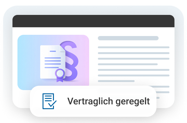 Dokument mit Paragraphensymbol und dem Text "Vertraglich geregelt" auf einem modernen Hintergrund.