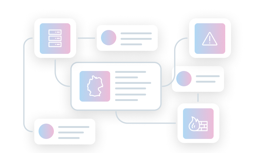 Diagramm mit verschiedenen Informationsfeldern, verbunden durch Linien, einschlie&szlig;lich Warnsymbolen und Datenkarten.
