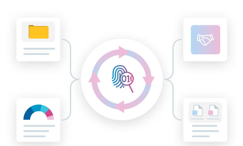 Grafik zeigt ein zentrales Symbol mit einem Fingerabdruck, umgeben von vier Elementen, die Daten und Interaktionen darstellen.
