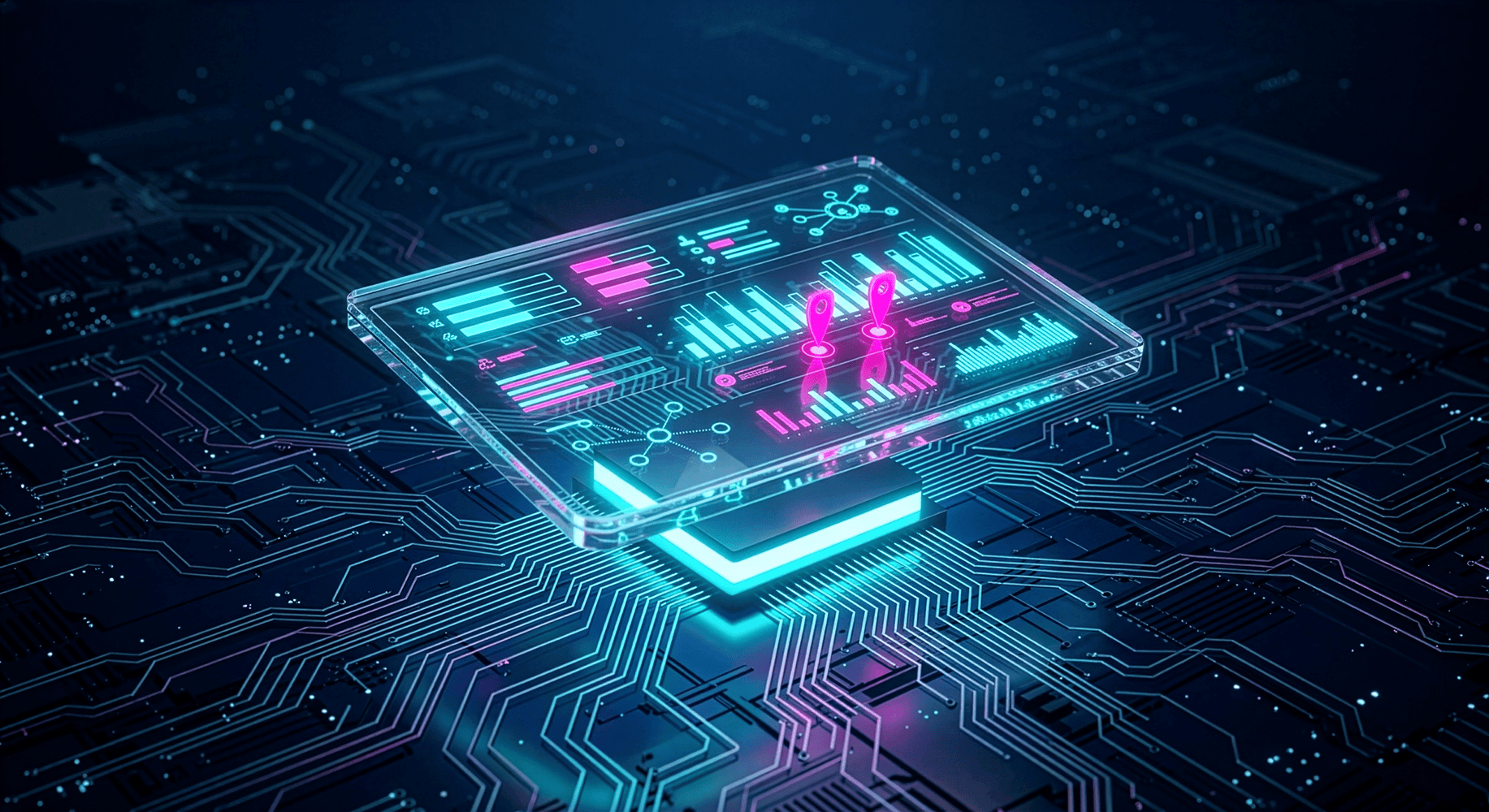 Futuristisches Display mit digitalen Grafiken auf einem Hintergrund aus Schaltkreisen und leuchtenden Linien.